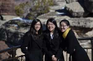 Musicians Nika Zhang, Rachel Chen, and Maria Han pose, undaunted by the thousand-foot drop behind them. (Annie Li)